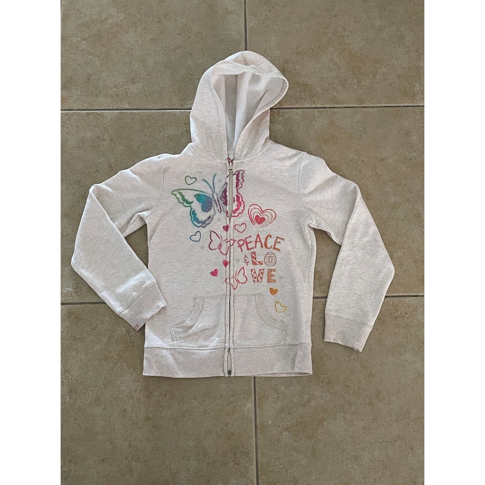 Girls Peace Love Butterfly Oatmeal Heather Full-Zip Hoodie Size L 14